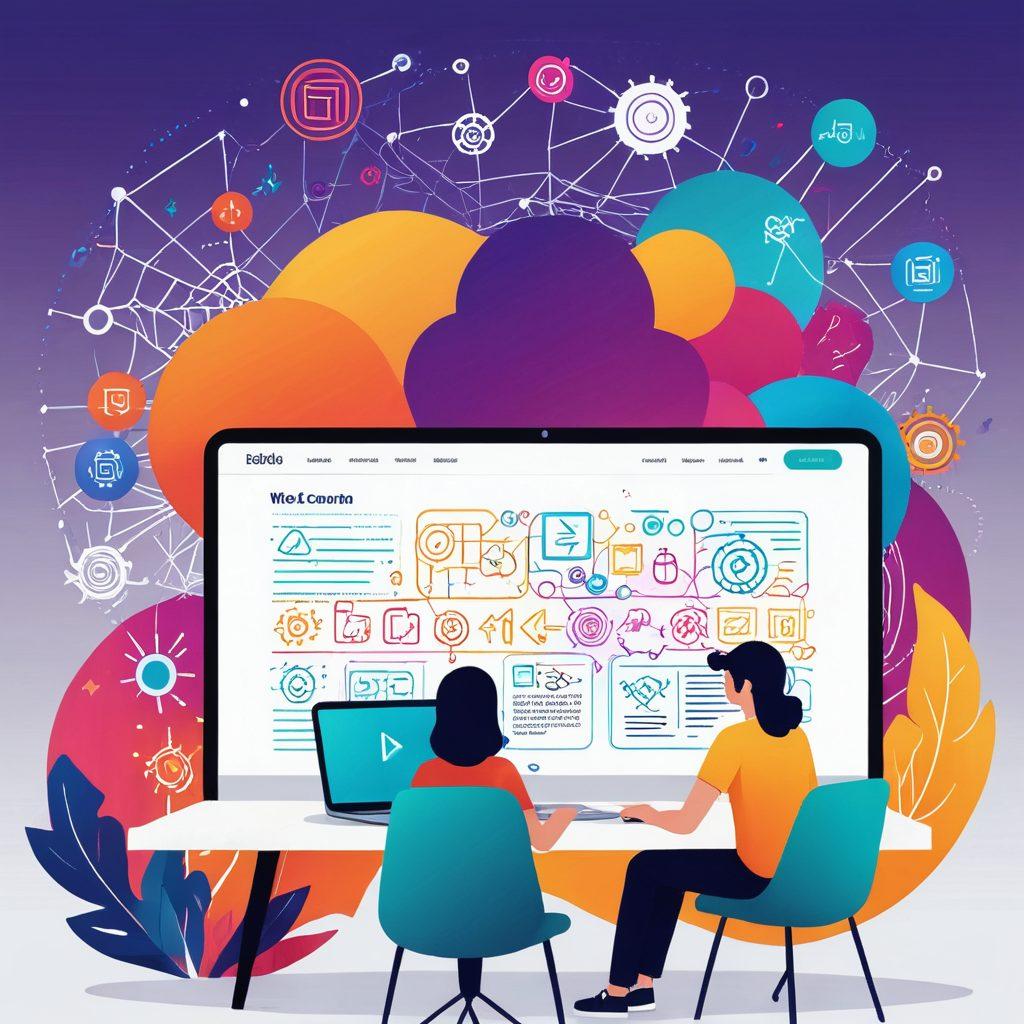 A vibrant and dynamic visual representation of a web development journey, showcasing a timeline from brainstorming ideas with sketches on paper to coding on a laptop, and ultimately a fully developed website on multiple devices. Include elements of collaboration, creativity, and technology with colorful illustrations of tools like a code editor, design software, and various web elements. The background should feature abstract technology-themed designs and digital art that evoke innovation and progress. vector art. vibrant colors. white background.